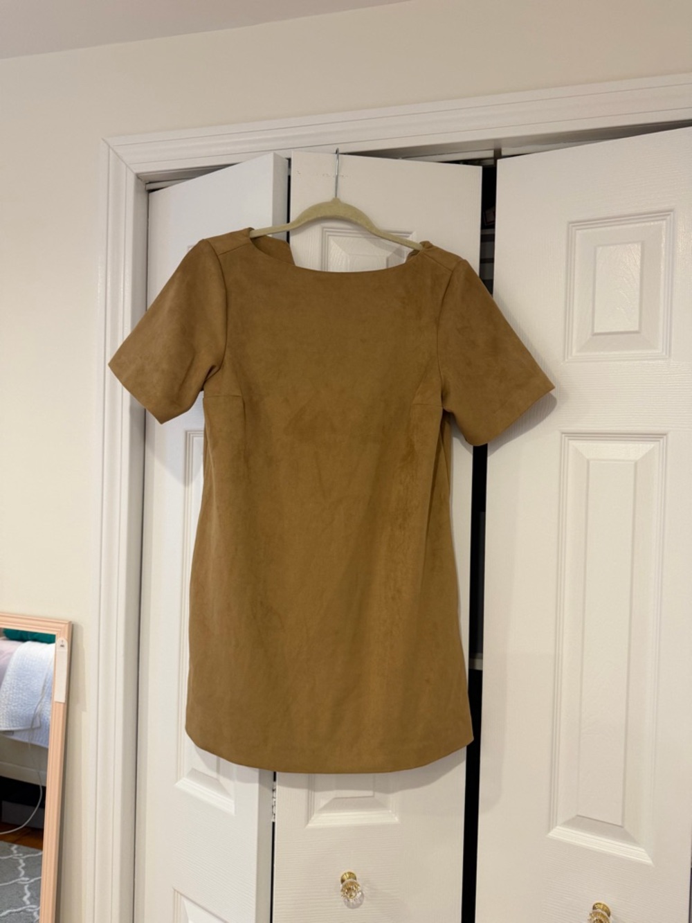 Suede Short Sleeve Shift Dress in Tan